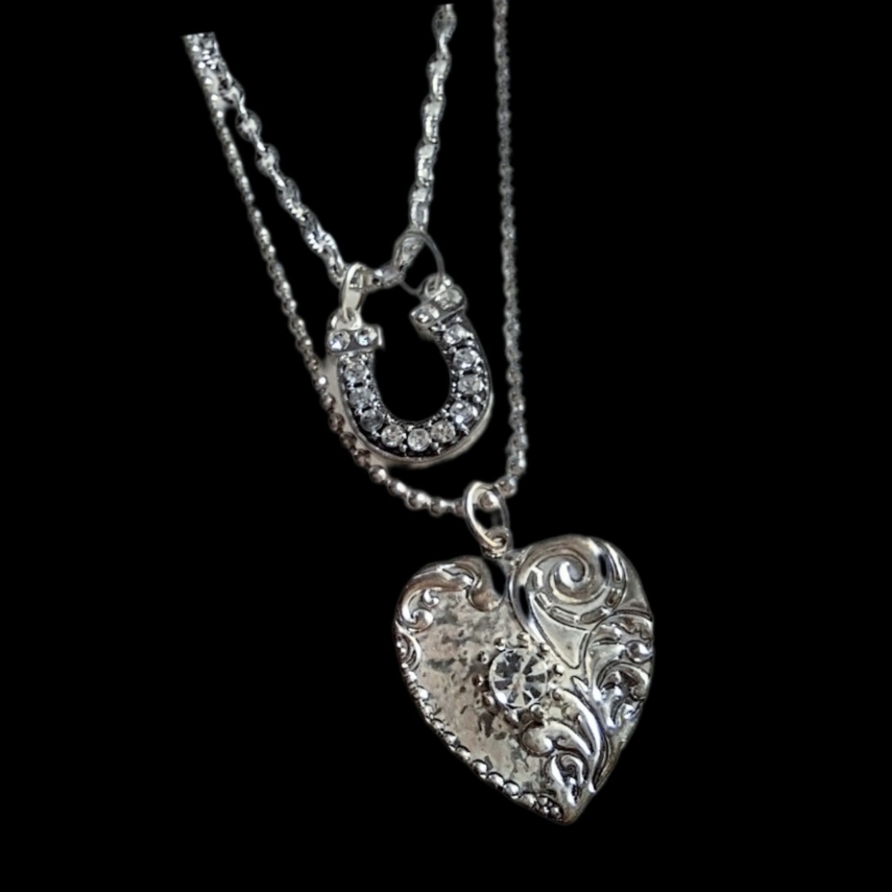 Crystal Horseshoe & Silver Heart Connected Chains